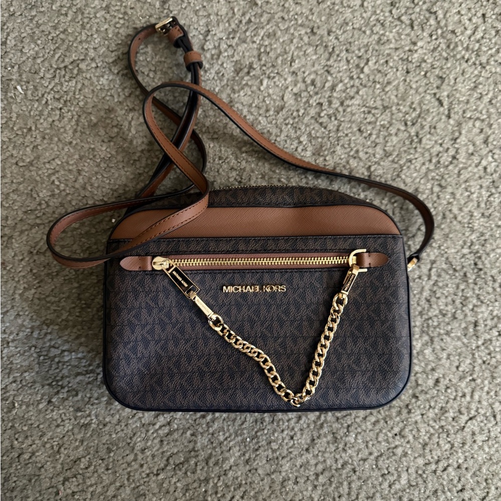 Michael Kors Brown and Tan Monogram Crossbody with Gold Hardware